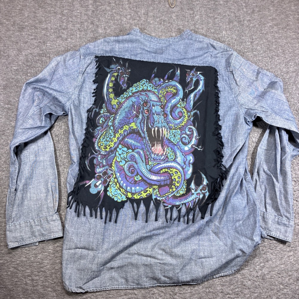 J.Crew Chambray Button Down Shirt Men Large Blue Dragon Back Punk Grunge Rare